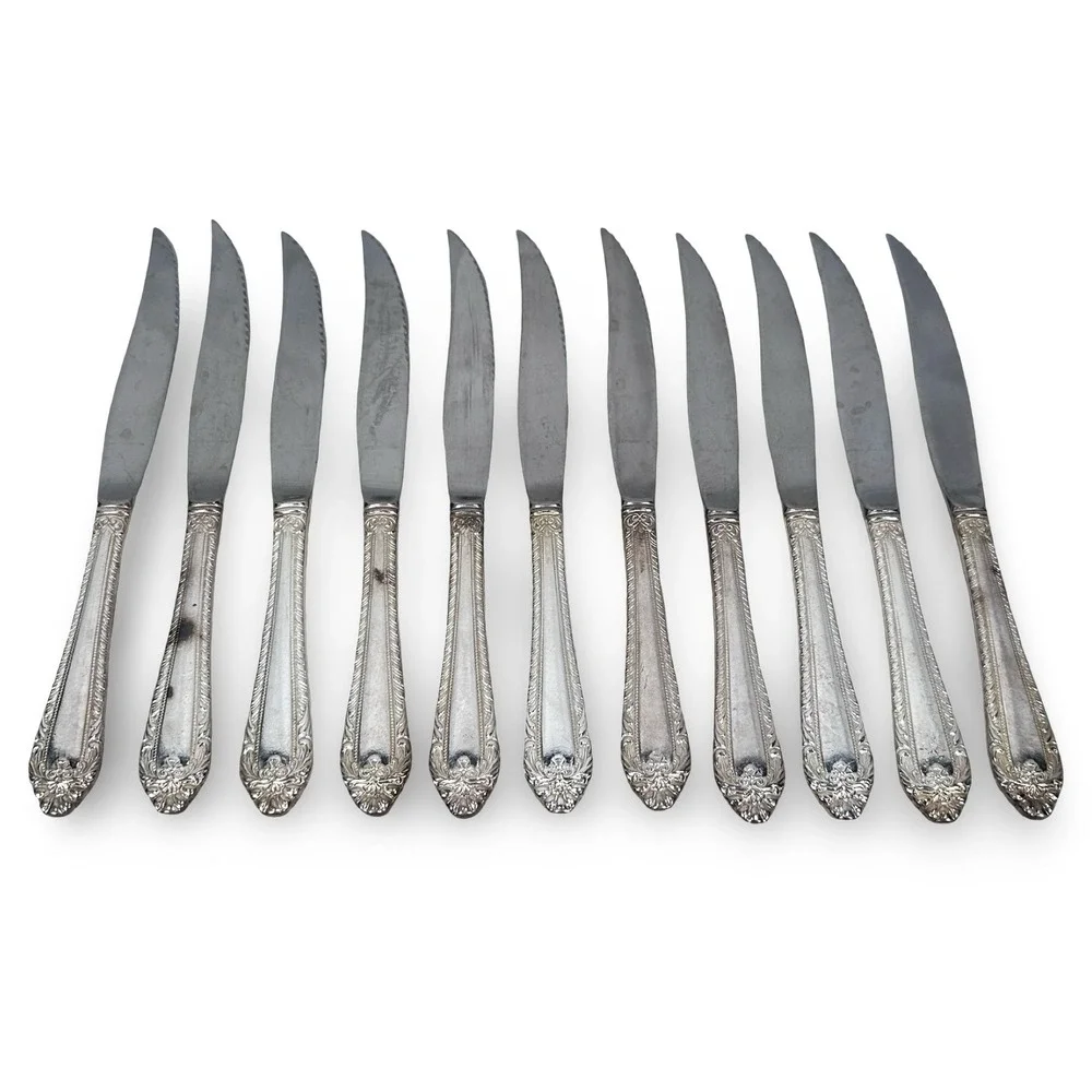 Reed & Barton Old London Silverplate Serrated Steak Knives Lot 11 Vintage 9.25